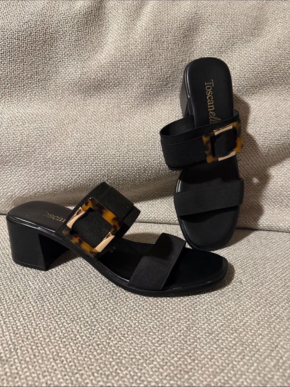 Toscana Black Chunky Heel Slide Sandals with Tortoiseshell Buckle worn once